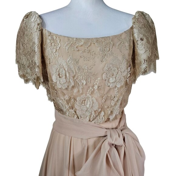 VTG 60s Werlé Beverly Hills Lace Chiffon Silk Gown 4 Champaign Flutter Princess - Picture 4 of 12